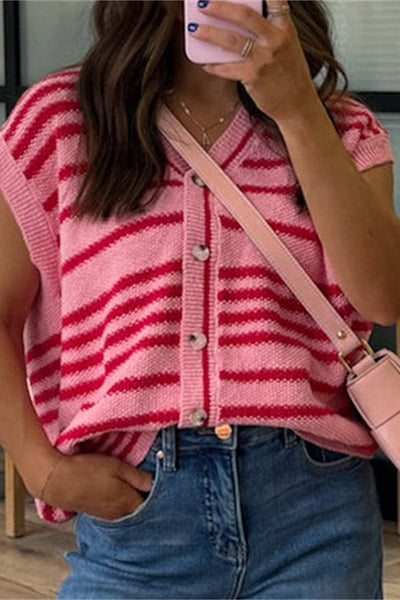 Stylish Striped Loose Sleeveless Button-down Knit Cardigan