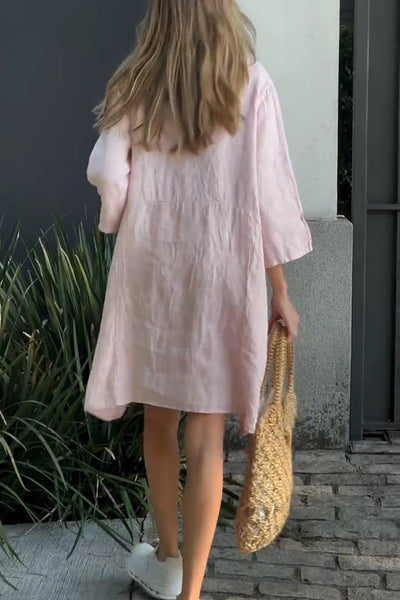 Linen Blend Solid Loose Casual Pocket Mini Dress