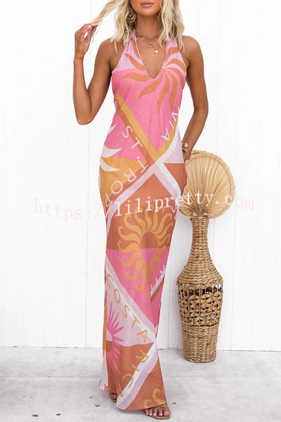 Best Vacation Linen Blend Unique Print Halter Maxi Dress