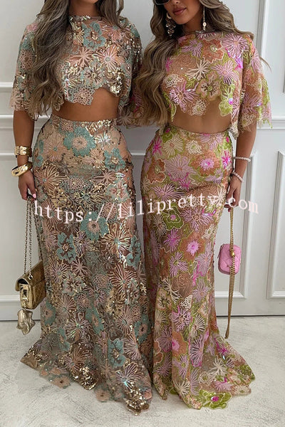 Fashionable Embroidered Flower Sequined Crop Top and Elegant Sheer Maxi Skirt Set