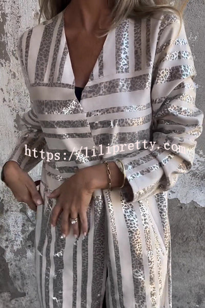 Fashionable Gold Foil Leopard Print Suede Long Sleeve Loose Pocket Midi Coat