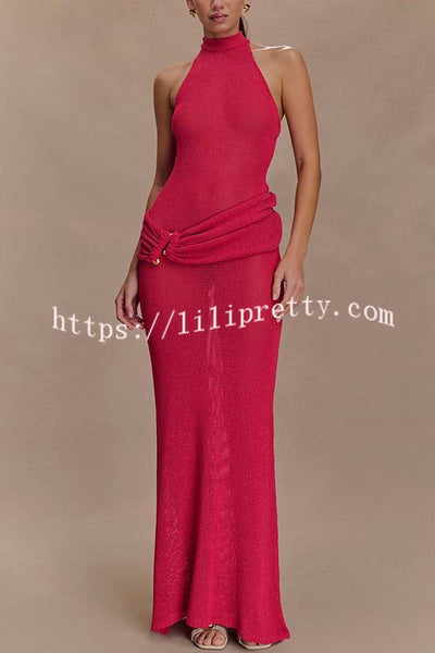 Quiet Confidence Knit Ruched Hip Halter Backless Stretch Maxi Dress