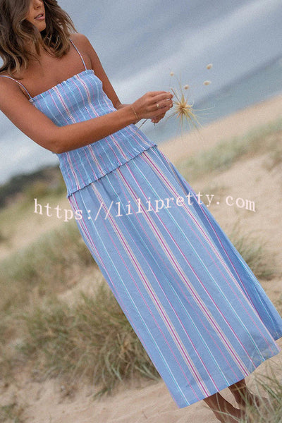 Jackie Stripe Smocked Design Tie Straps Midi Dress