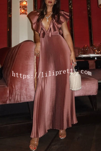 Merry and Bright Satin Deep V-neck Dramatic Ruffled Sleeve Pleated Maxi Dress