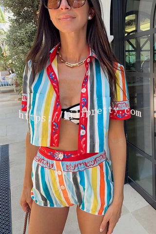 Rainbow Mood Unique Print Short Sleeve Crop Shirt and Elastic Waist Loose Bloomers Set