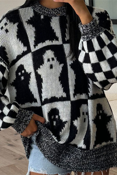 Halloween Ghost & Checkerboard Oversized Knit Sweater