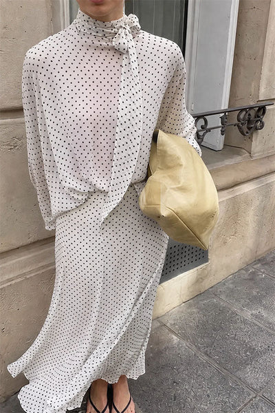 Seraphina Flowing Lantern-Sleeve Polka Dot Blouse