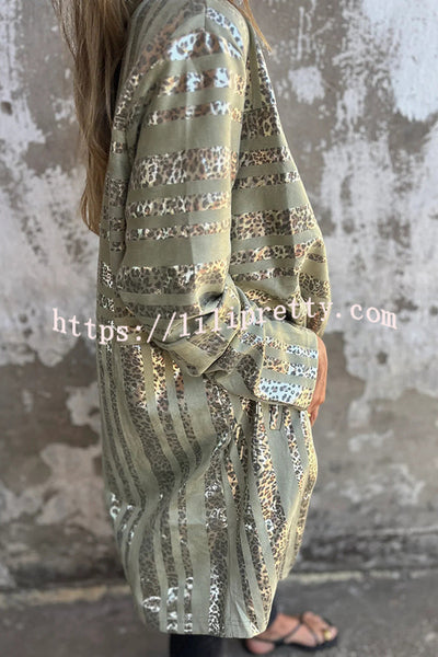 Fashionable Gold Foil Leopard Print Suede Long Sleeve Loose Pocket Midi Coat