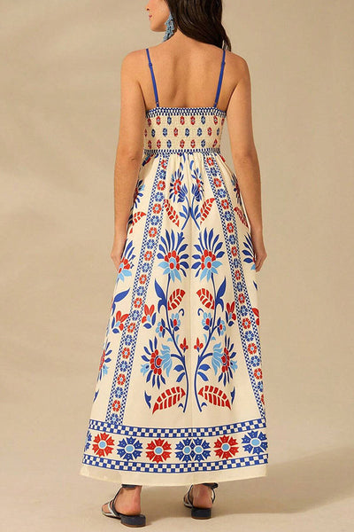 Unique Printed Sling Back Pleated Loose Holiday Maxi Dress