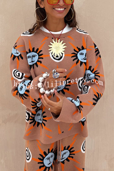 Mediterranean Art Knit Unique Sun Vortex Print Long Sleeve Relaxed Sweater