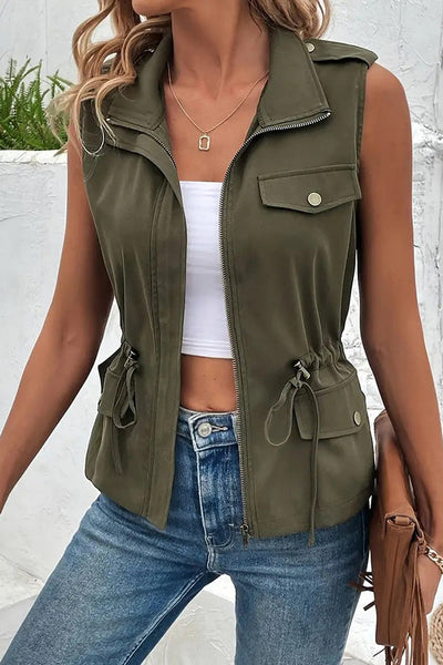 Fashionable Casual Zipper Drawstring Pocket Sleeveless Vest Jacket