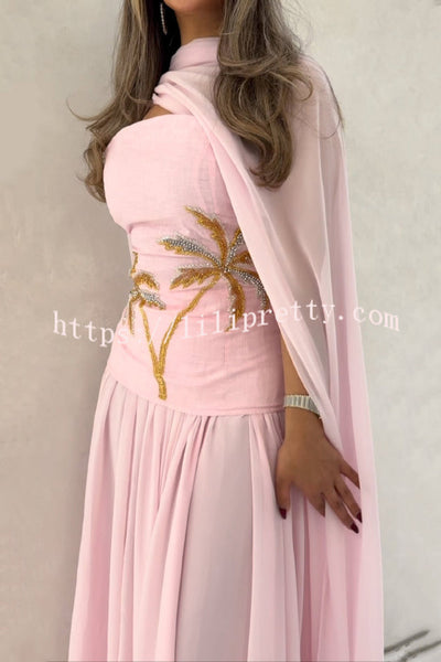 Stylish Beaded Sleeveless Off-shoulder Elegant Maxi Dress with Chiffon Shawl