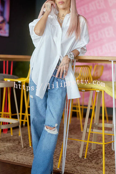 Easy and Modern Button Up Sculptural Sleeve Slit Oversized Midi Blouse