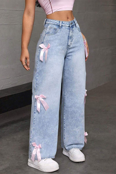 Fashion Bow Embellished High-Rise Casual Pocket Straight Jeans