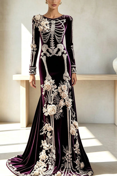 Luxury skull embroidered velvet dress