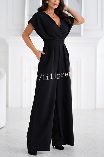 Solid Color V-neck Waist Casual Wide-leg Jumpsuit