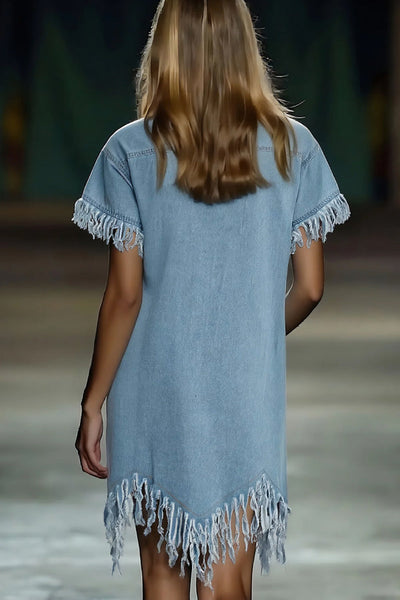 Loose-fitting Short-sleeved Shirt with Fringed Denim Mini Skirt