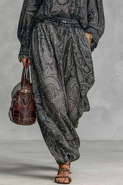 Unique Printed V-neck Long-sleeved Loose Top and Casual Pocket Wide-leg Pants Set