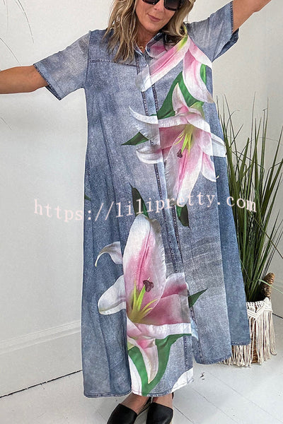 Carleen Faux Denim Fabric Orchid Print Pocketed Shirt Maxi Dress