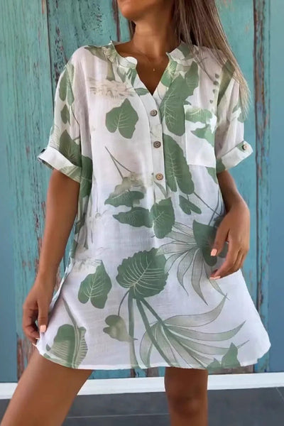 Botanical Print Casual V-Neck Pocket Loose Top
