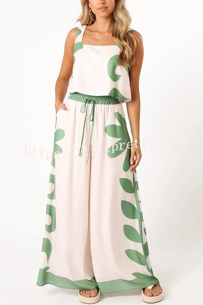 Stylish Printed Sleeveless Tank Top and Pocket Elastic Waist Wide Leg Pants Set