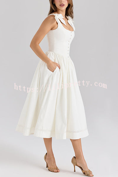 Real Darling Square Neck Cute Bows Straps Button Up Pocketed Midi Dress