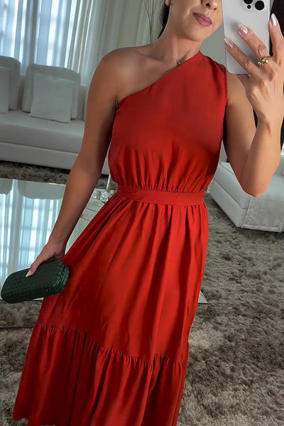 Solid Color One Shoulder Waist Tie Maxi Dress