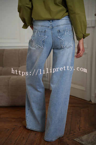 Stylish Denim Colorblock Star Patterned Mid Waist Pocket Wide Leg Jeans