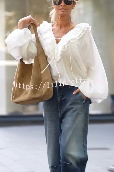 Ashlyne Tiered Ruffle Neckline Tie-up Balloon Sleeve Loose Blouse