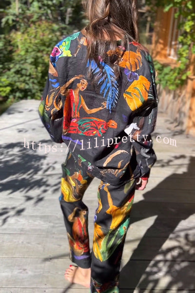Unique Print Lapel Long Sleeve Loose Shirt and Elastic Waist Pocket Wide Leg Pants Set