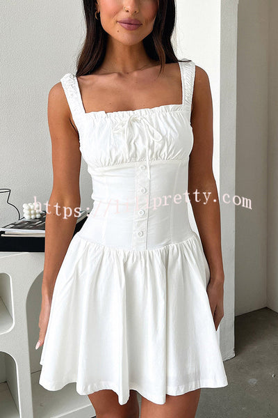 Summer Solid Color Elastic Shoulder Straps and Front Tie Mini Dress