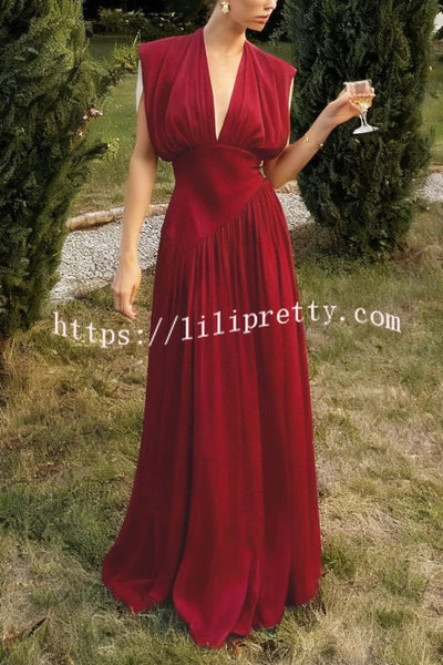 Elegant V-neck Sleeveless Fitted Waist High Slit Vacation Maxi Dress