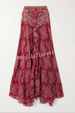 Unique Printed Chiffon Long-sleeved Loose Shirt and Elegant Ruffled Maxi Skirt Set