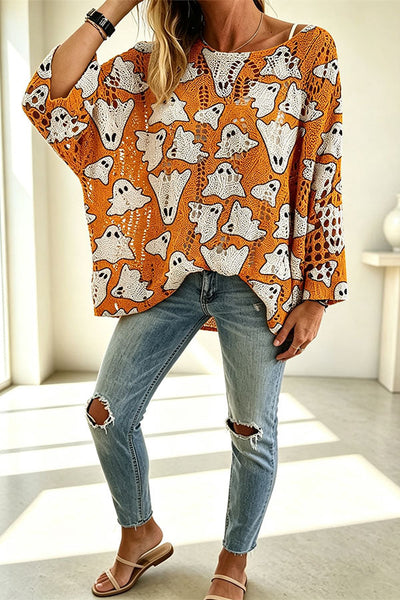 Halloween Pumpkin & Bat Hollow Out Knit Oversized Sweater