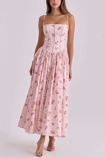 Romantic Countryside Stretch Cotton Blend Floral Print Cutout Trim Slip Midi Dress