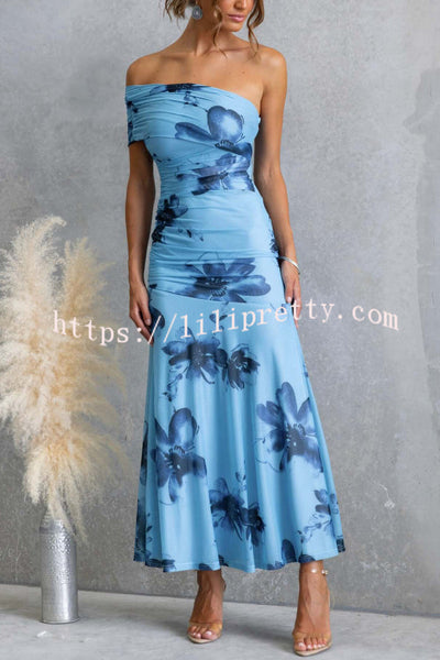 Floral Print Elegant Mesh Off-shoulder Fitted Maxi Dress