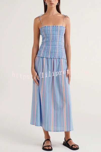Jackie Stripe Smocked Design Tie Straps Midi Dress