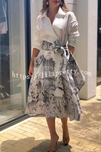 Jiles Linen Blend Unique Contrast Print Long Sleeve Tie-up Pocket Shirt Midi Dress