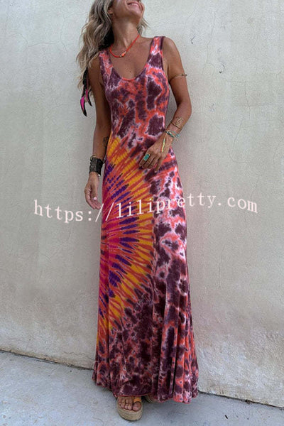 Boho Happiness Tie-dye Print Back Lace-up Stretch Maxi Dress