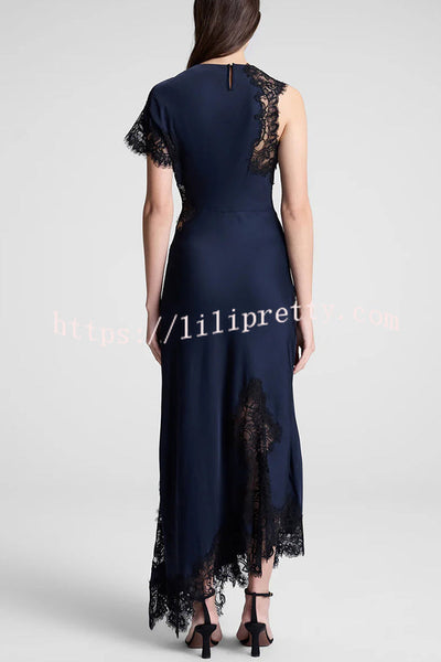 Paris Dream Satin Lace Trim Irregular Design Drape Maxi Dress