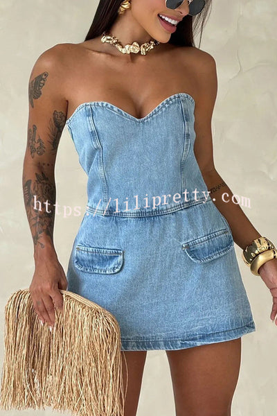 Avantie Denim Off Shoulder Back Smocked Zipper Romper