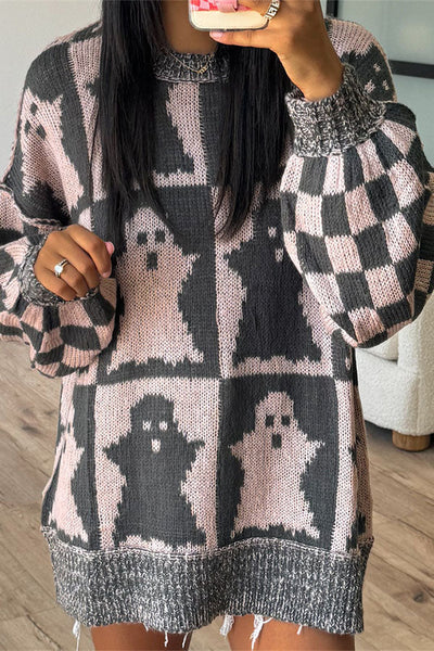 Halloween Ghost & Checkerboard Oversized Knit Sweater