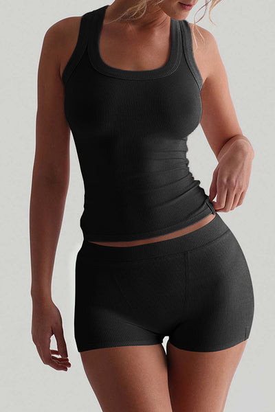 Fashionable Sports Yoga Style Sleeveless Square Neck Top and Elastic Slim Shorts Set