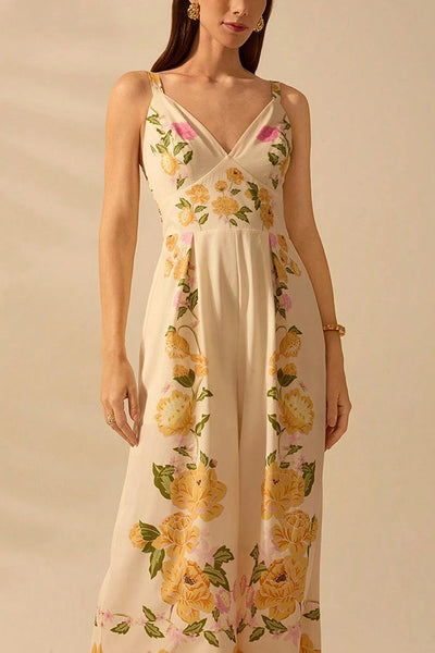 Bohemian Style Plant Print Casual Sling Holiday Loose Jumpsuit