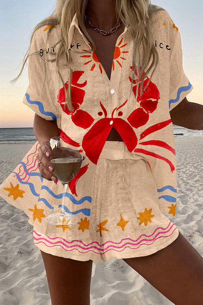 Crab Print Loose Button Elastic Waist Shorts Set