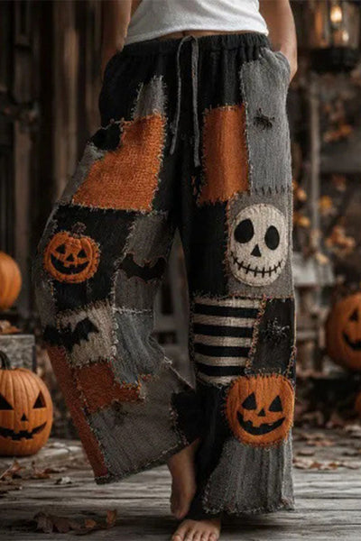 Halloween Dark-themed Printed Wide-Leg Pants
