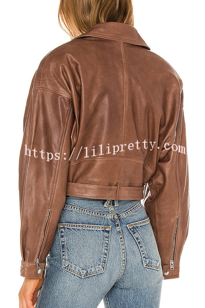 Fashion Lapel Long Sleeve Casual Zipper Pocket Leather Jacket