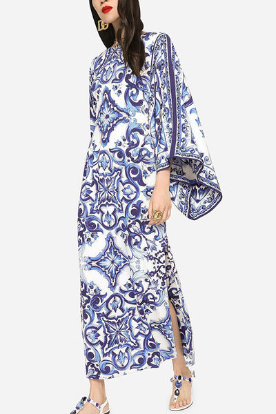 Blue and White Porcelain Print Loose Slit Maxi Dress