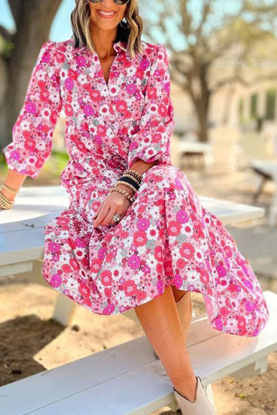 Bohemian Floral Print Loose Casual Long Sleeve Midi Dress
