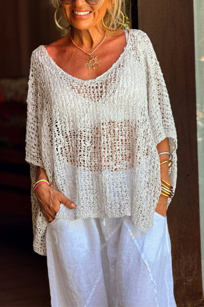 Solid Color Loose-fitting Openwork Casual Knitted Cover-up Top